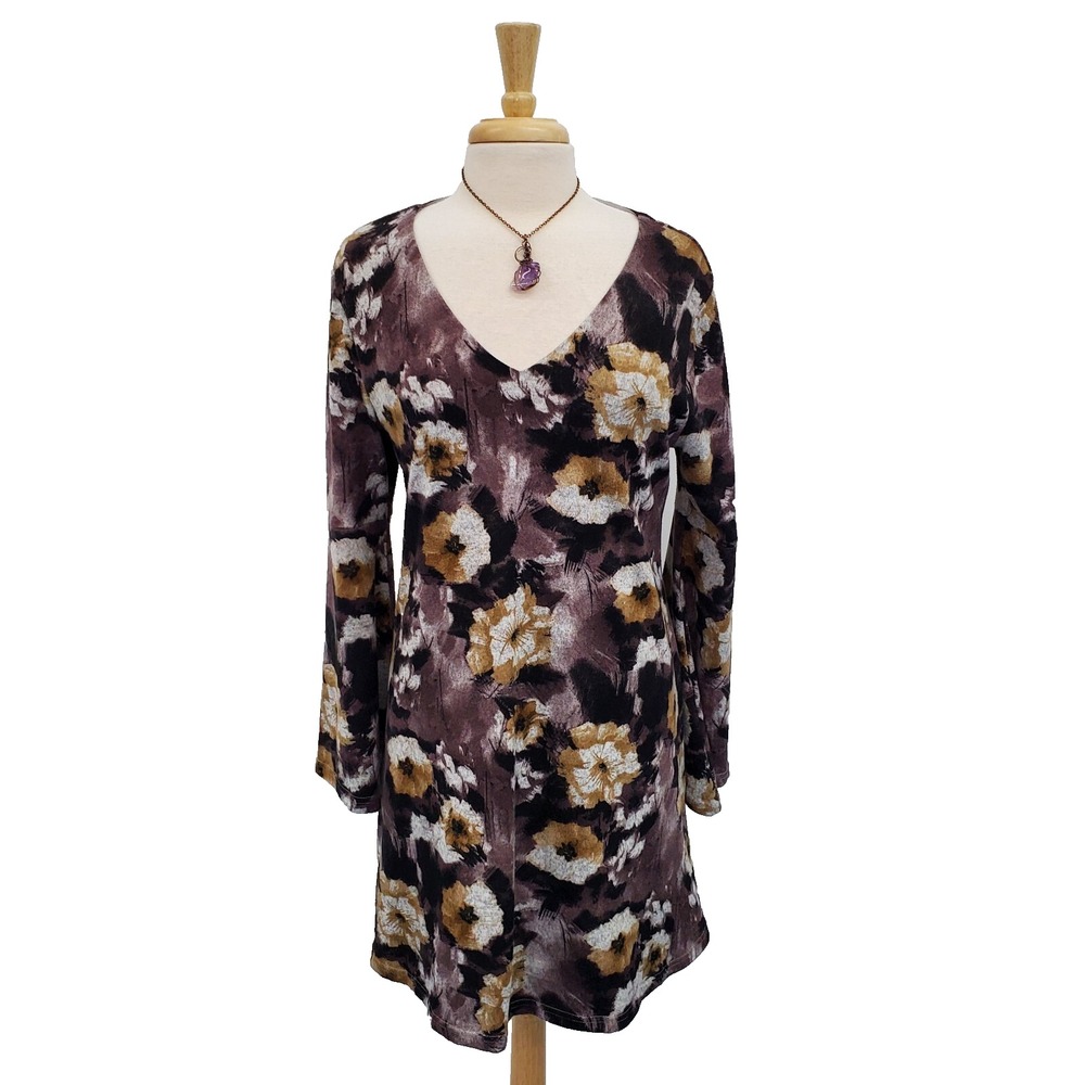 Womens L Boho Floral Mini Dress Long Sleeve Purple Yellow V-Neck Tunic Lined